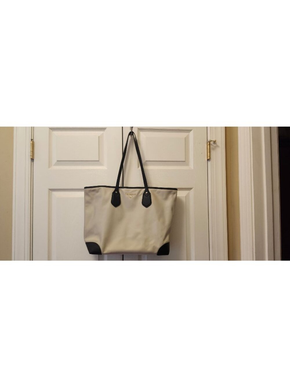 Women Michael Kors Eva Nylon Leather Large Sand Beige Black Tote Shoulder Bag
